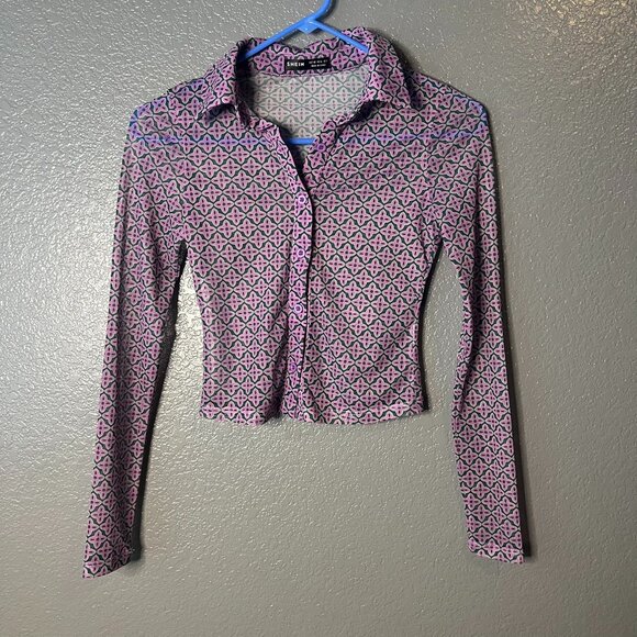 Shein Geometric Print Sheer Button-Up Top - Size Small - Picture 1 of 4